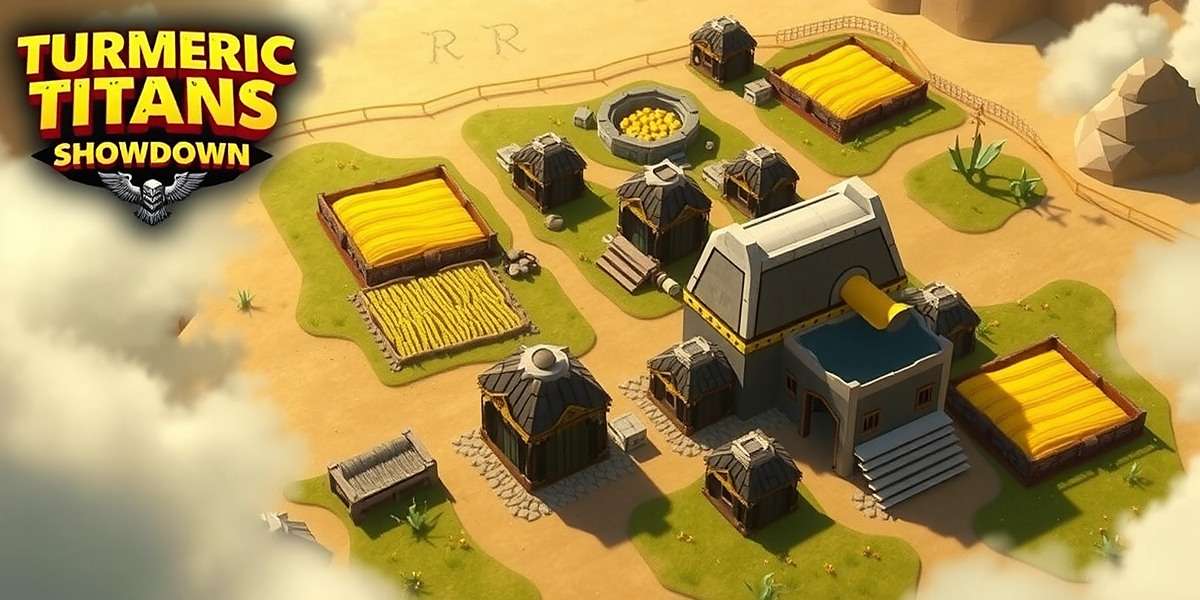 Turmeric Titans Showdown Village Management Gameplay Turmeric Titans Showdown gameplay showing a village with turmeric fields, storage facilities, and warrior training grounds